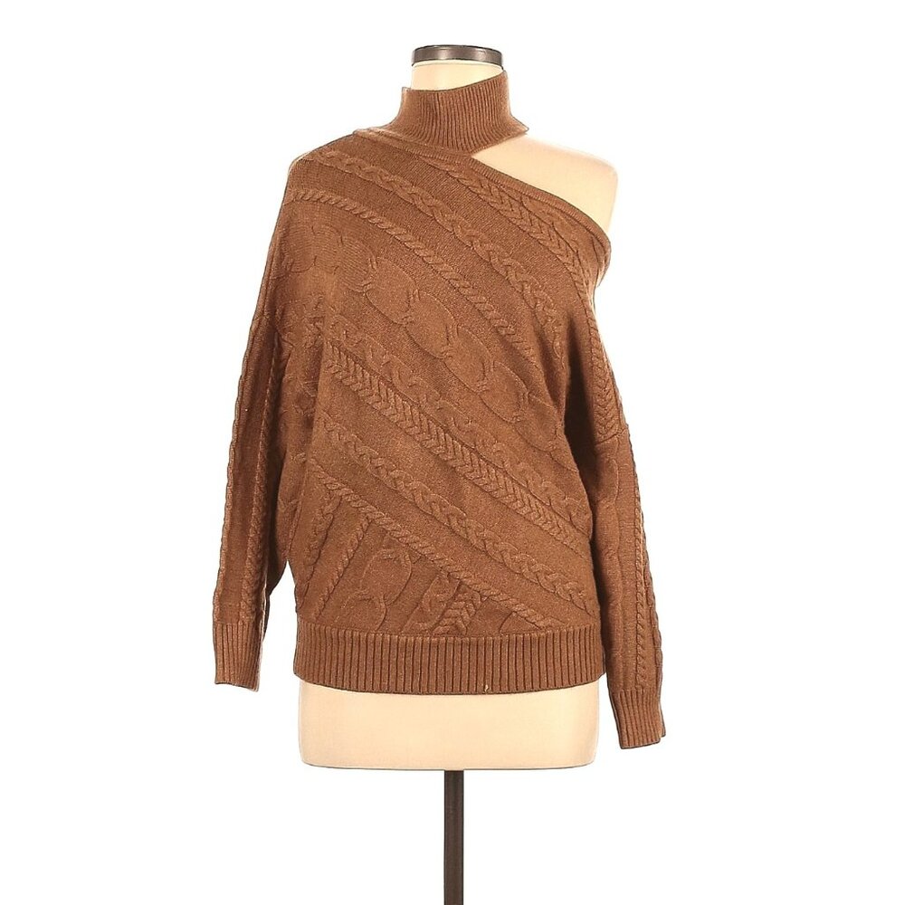 Brown Soft Sexy Cold Shoulder Mock Neck Knit Sweater Size S‎ Top Fall Winter